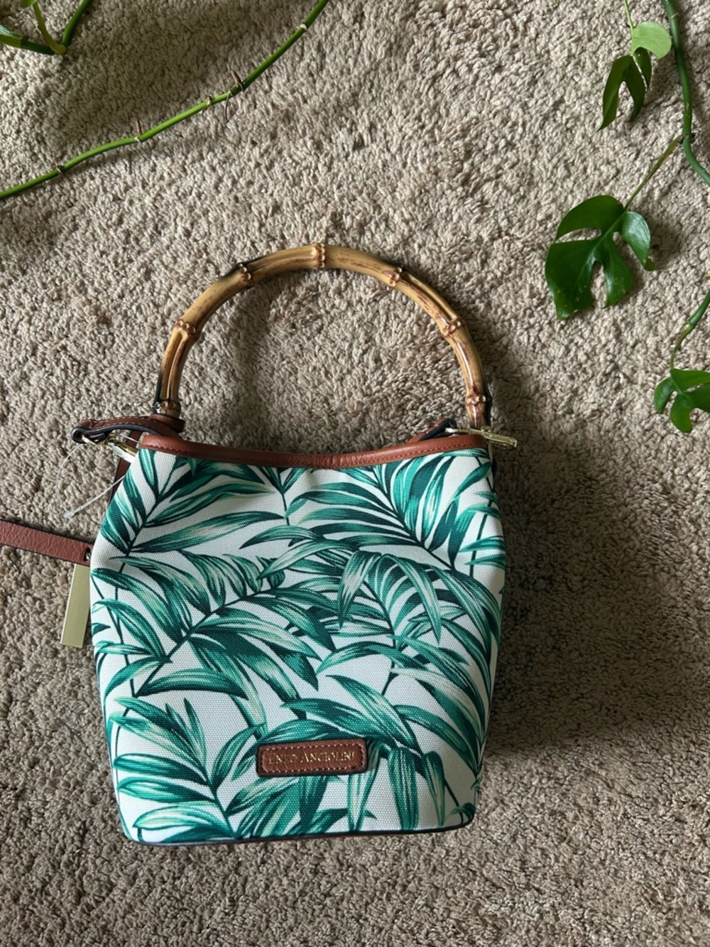 Enzo Angiolini Green Tropical Print Bamboo-Handle Bucket Bag